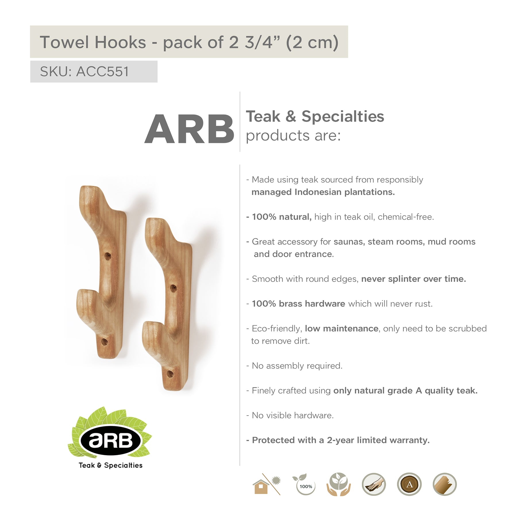 ARB Teak & Specialties 2-Piece Solid Teak Wood Towel Hooks – US
