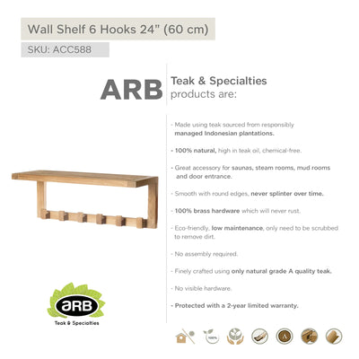 Teak Wall Shelf with 6 hooks