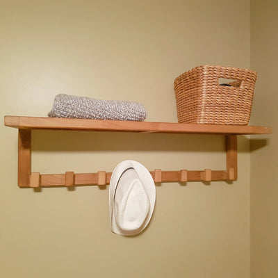 Teak Wall Shelf with 8 hooks