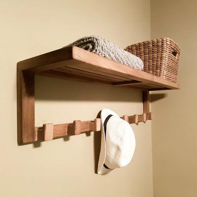 Teak Wall Shelf with 8 hooks