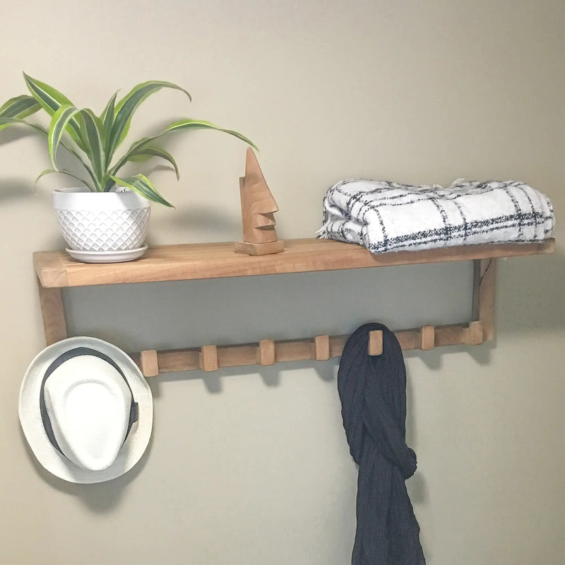 Teak Wall Shelf with 8 hooks