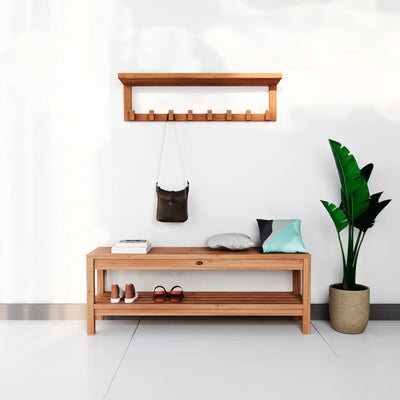 Teak Wall Shelf with 8 hooks