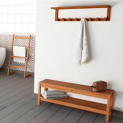 Teak Wall Shelf with 8 hooks