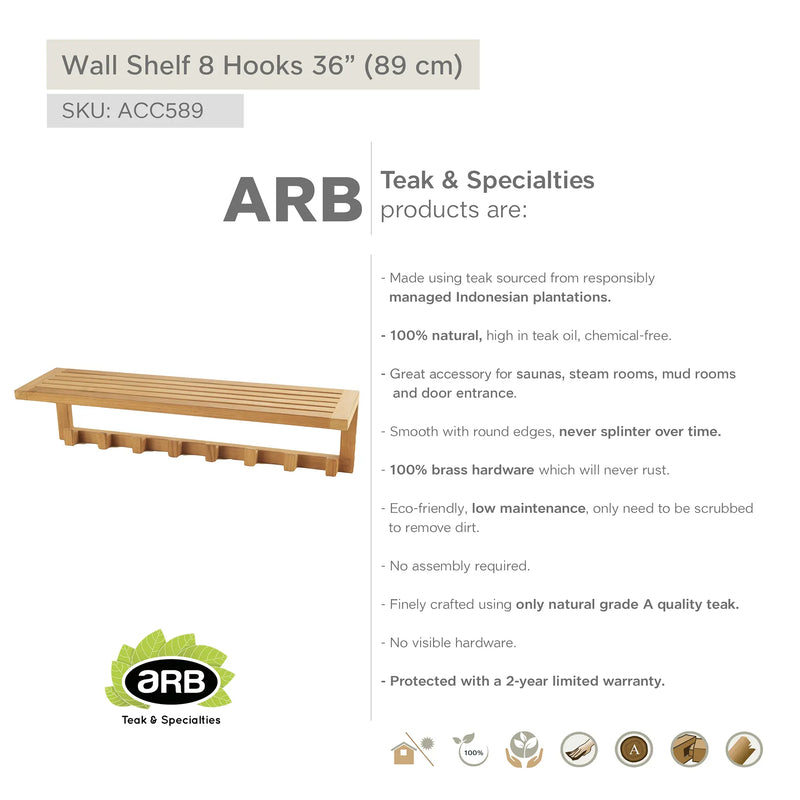 Teak Wall Shelf with 8 hooks