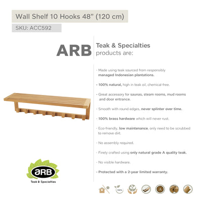 Teak Wall Shelf with 10 hooks