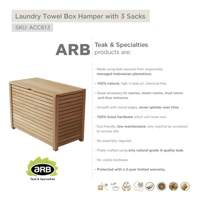 Teak Laundry Towel Box Hamper with 3 Sacks
