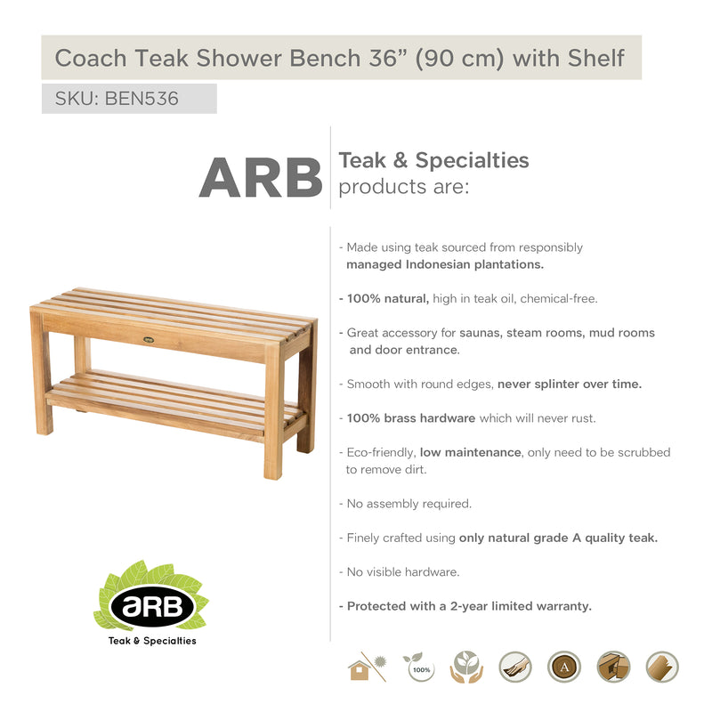 Teak Shower Bench Coach 36" (90 cm) with shelf