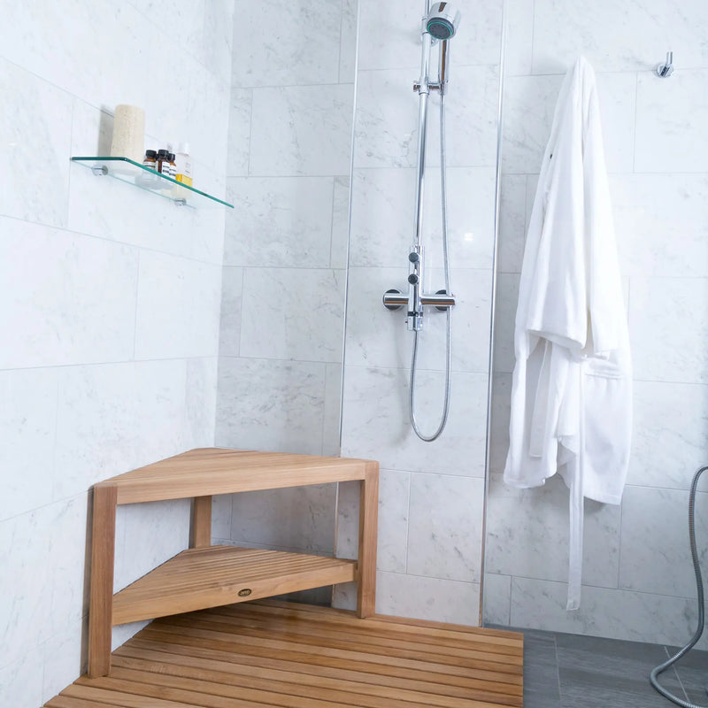 Teak Shower Bench Fiji corner 31" (80 cm) with shelf