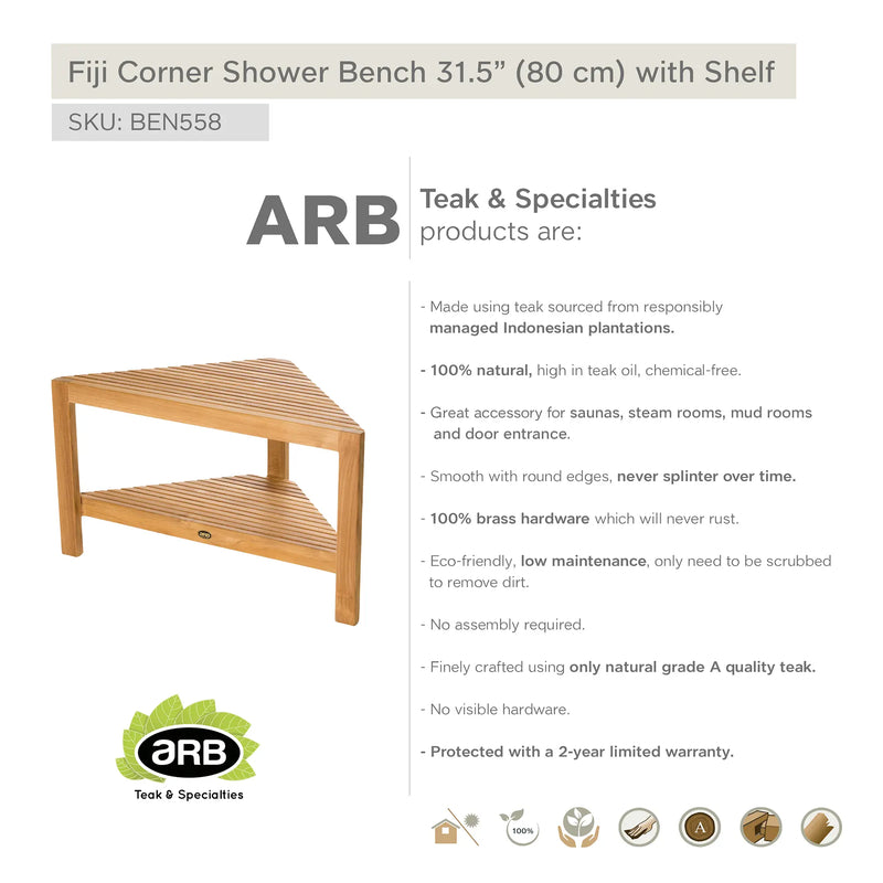 Teak Shower Bench Fiji corner 31" (80 cm) with shelf