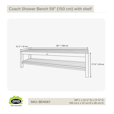 Teak Shower Bench Coach 59" (150 cm) with shelf