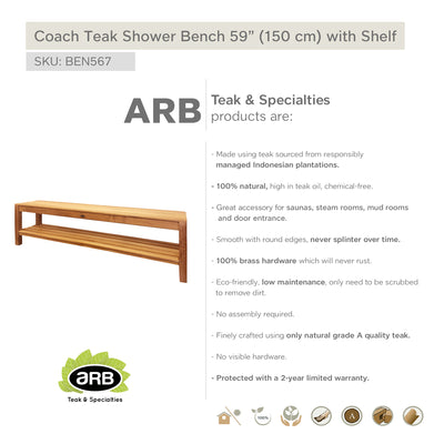 Teak Shower Bench Coach 59" (150 cm) with shelf
