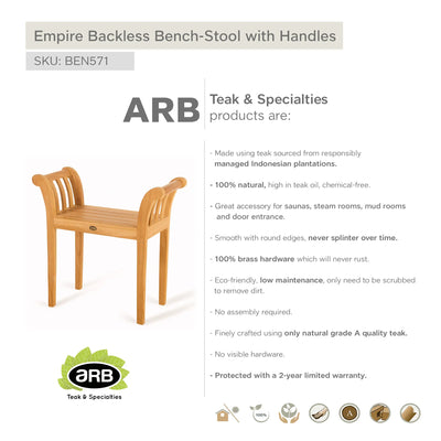 Teak Backless Bench-Stool Empire with Handles