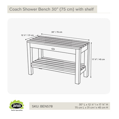 Teak Shower Bench Coach 30" (75 cm) with shelf