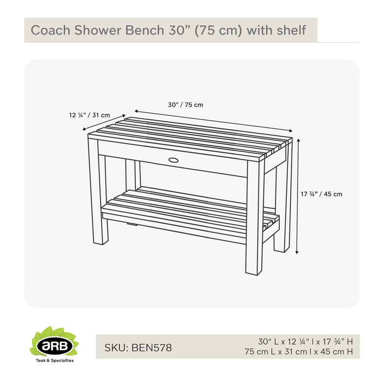 Teak Shower Bench Coach 30" (75 cm) with shelf
