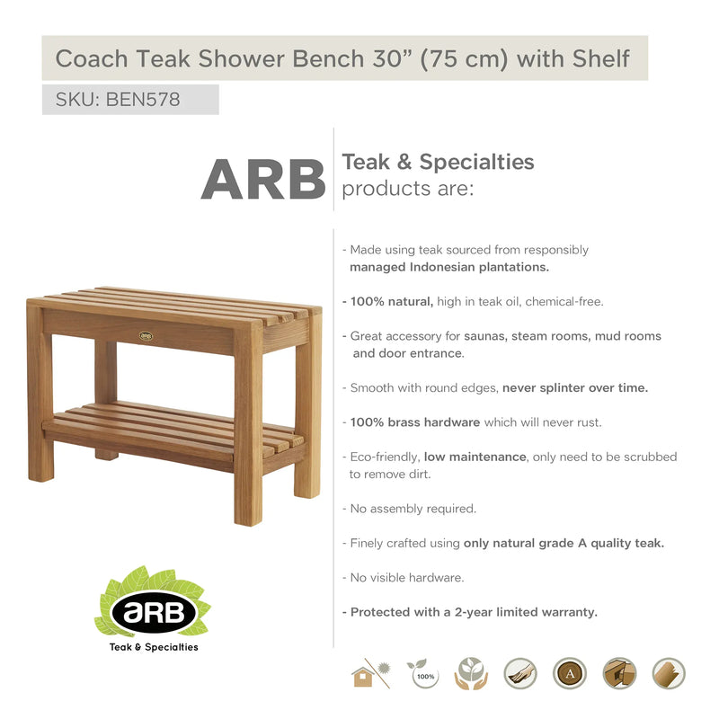 Teak Shower Bench Coach 30" (75 cm) with shelf