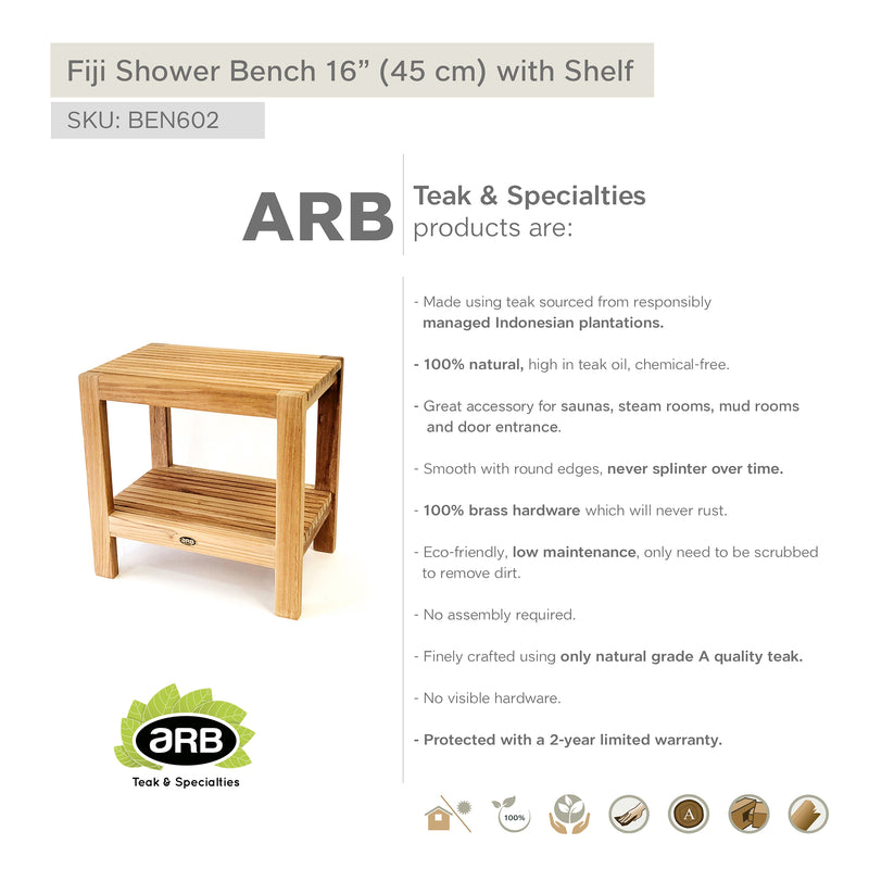 Teak Shower Bench Fiji 18" (45 cm) with Shelf