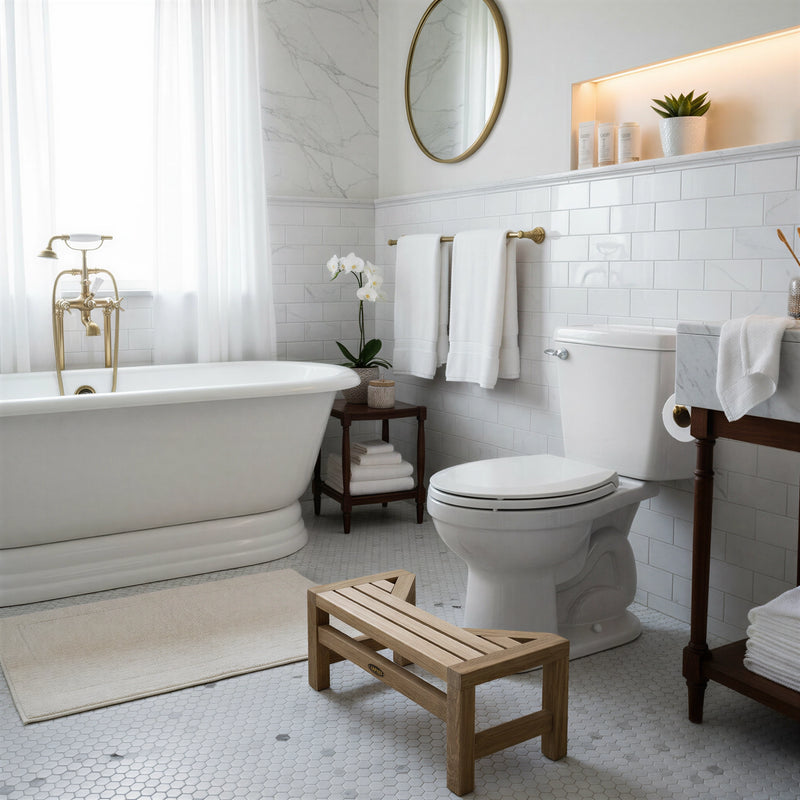 Teak Squatting Toilet Stool | 8" Height x 20" Wide | Luxury Washroom Footrest