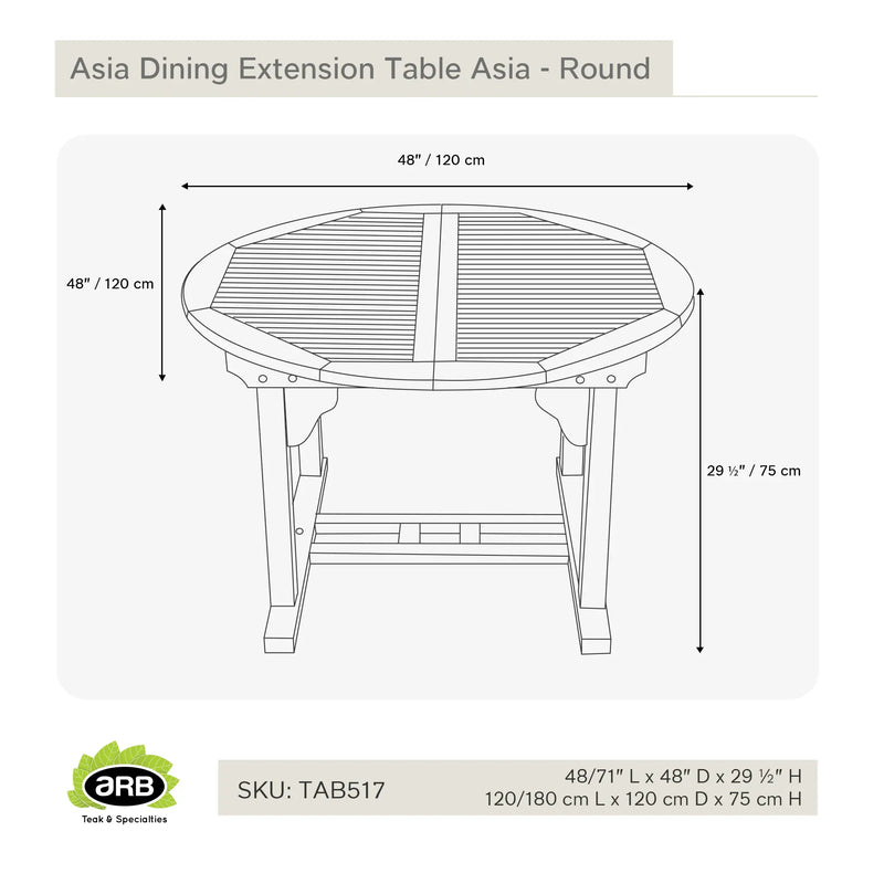 Teak Dining Extension Table Asia - Round 48/71 x 48" (120/180 x 120cm)