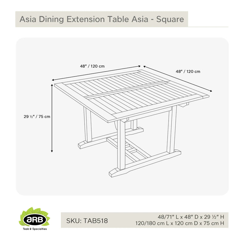 Teak Dining Extension Table Asia - Square 48/71 x 48" (120/180 x 120 cm)