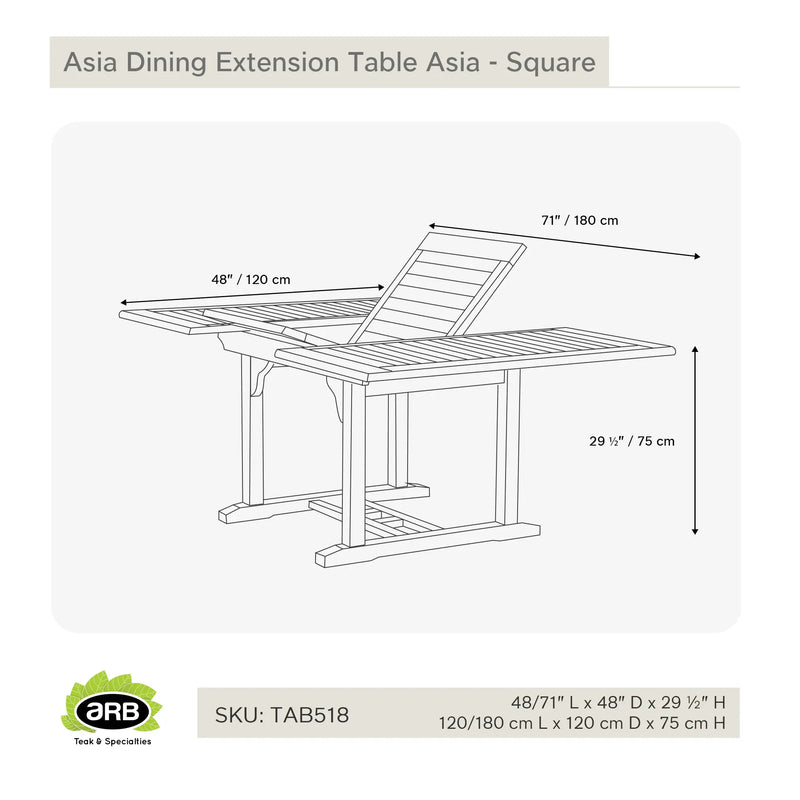 Teak Dining Extension Table Asia - Square 48/71 x 48" (120/180 x 120 cm)