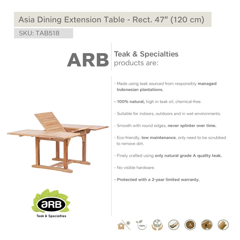 Teak Dining Extension Table Asia - Square 48/71 x 48" (120/180 x 120 cm)