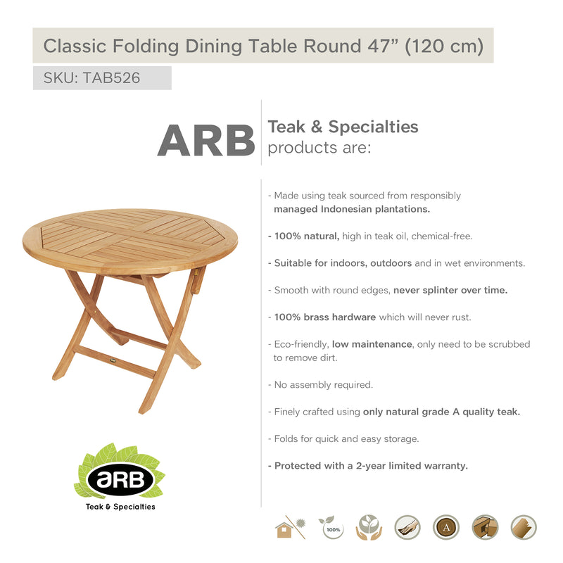 Teak Folding Classic Dining Table - Round 48" (120 cm)