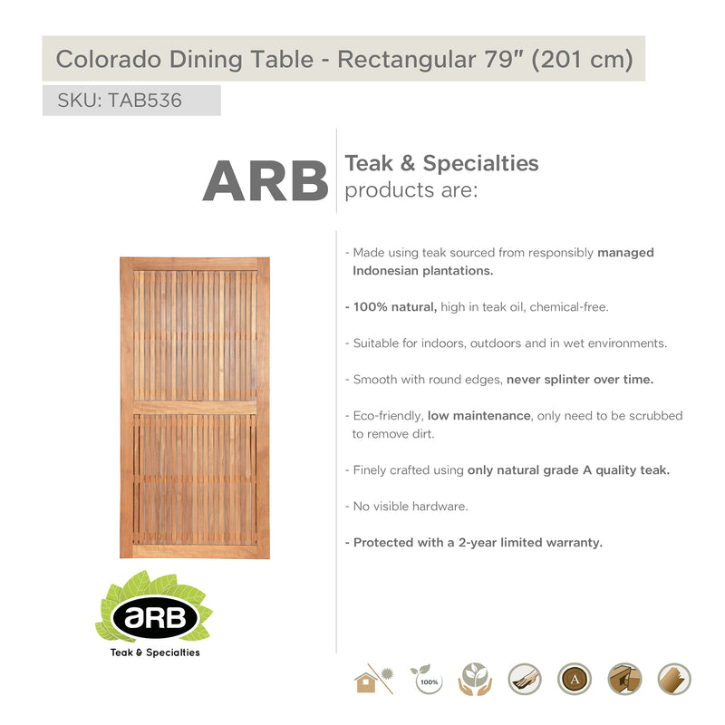 TAB536 - Colorado Teak mesa de comedor - Rectangular 79" x 39.5"