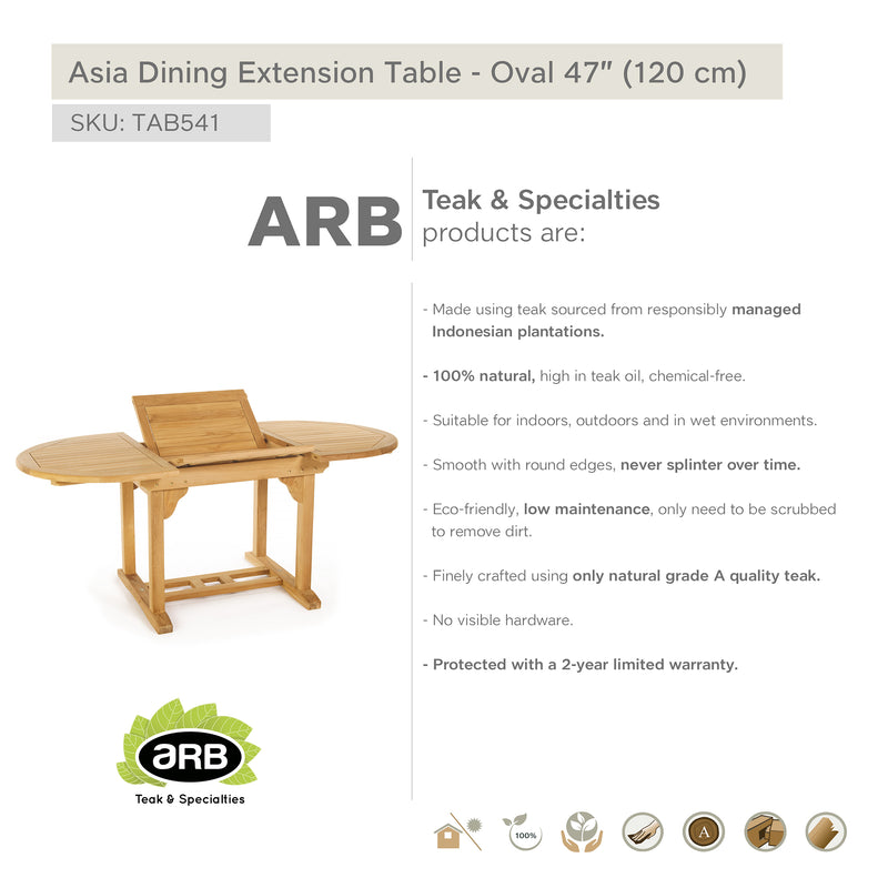 Teak Dining Extension Table Asia - Oval 48"/71" (120/180 cm)
