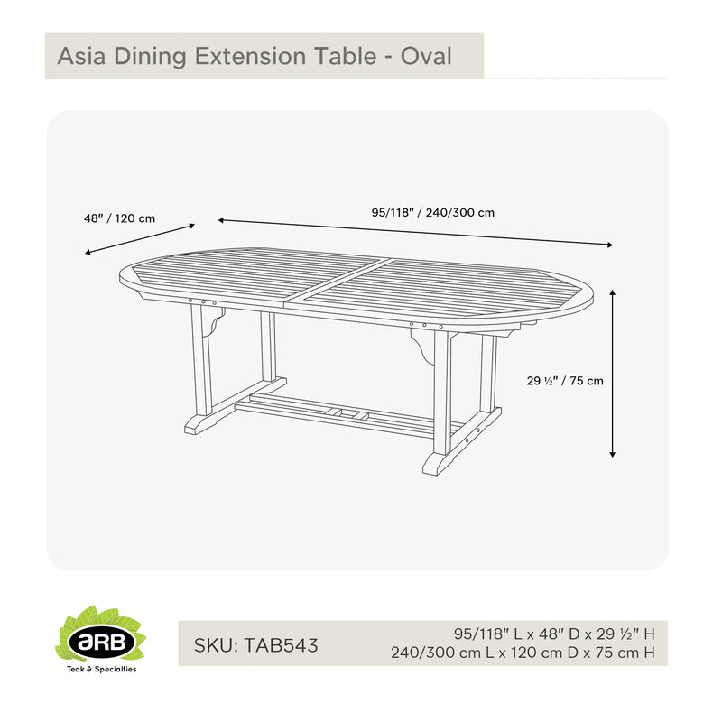 Teak Dining Extension Table Asia - Oval 95/118 x 48" (240/300 x 120 cm)