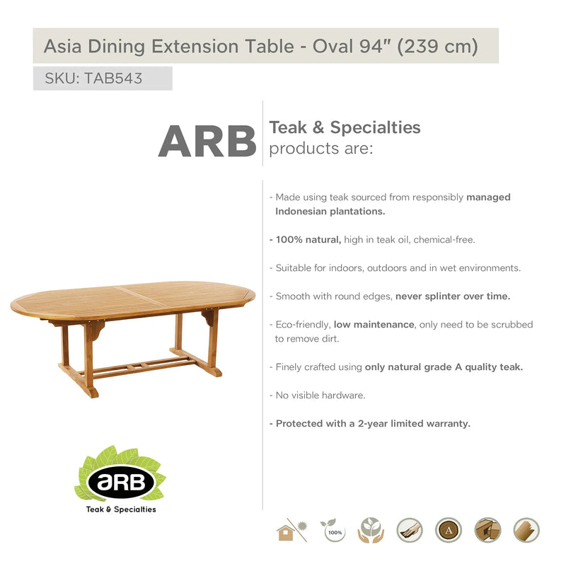 Teak Dining Extension Table Asia - Oval 95/118 x 48" (240/300 x 120 cm)