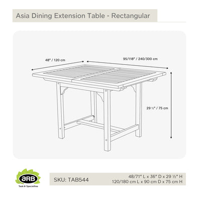Teak Dining Extension Table Asia - Rectangular 48/71 x 36" (120/180 x 90 cm)