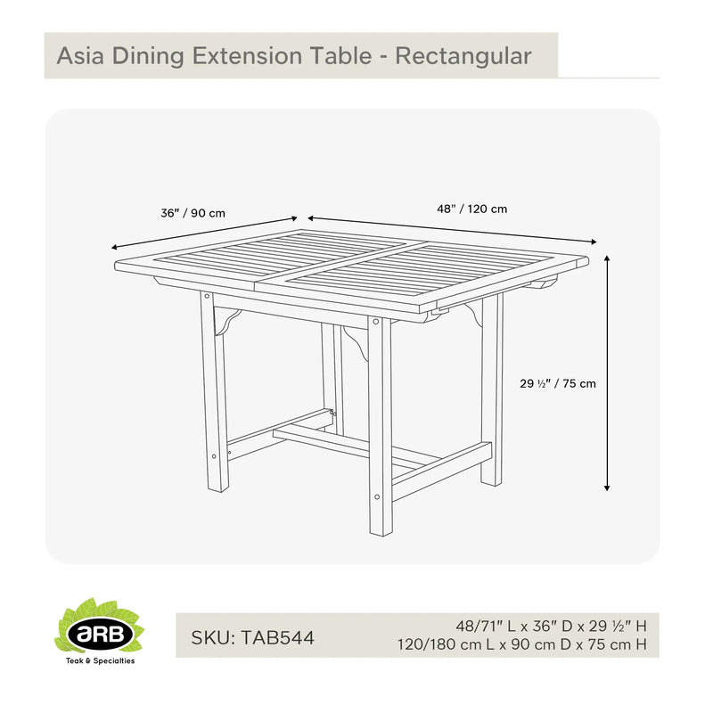 Teak Dining Extension Table Asia - Rectangular 48/71 x 36" (120/180 x 90 cm)