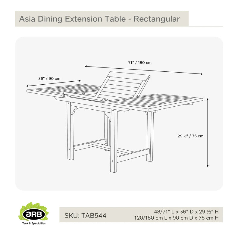 Teak Dining Extension Table Asia - Rectangular 48/71 x 36" (120/180 x 90 cm)