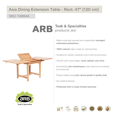 Teak Dining Extension Table Asia - Rectangular 48"/71" (120/180 cm)