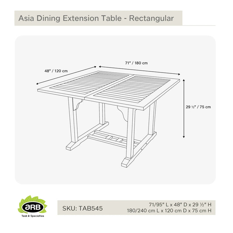 Teak Dining Extension Table Asia - Rectangular 71/95 x 48" (180/240 x 120 cm)