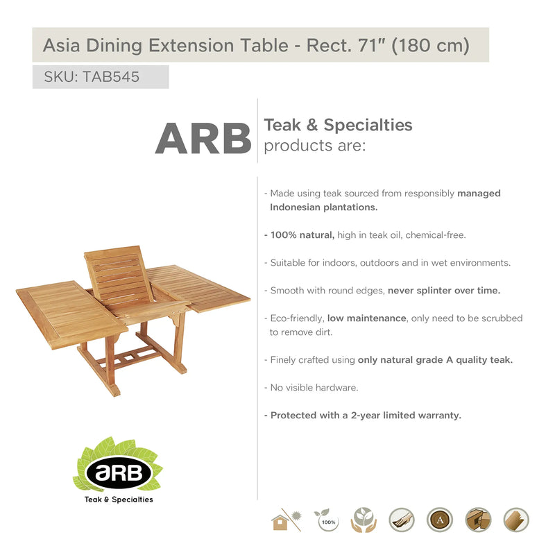 Teak Dining Extension Table Asia - Rectangular 71/95 x 48" (180/240 x 120 cm)