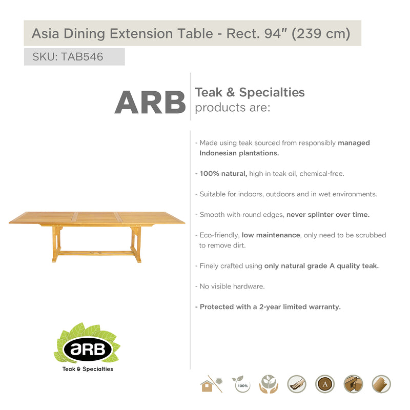 Teak Dining Extension Table Asia - Rectangular 95"/118" (240/300 cm)