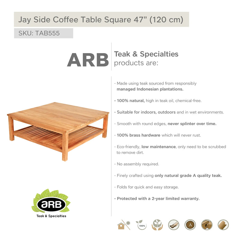 Teak Coffee Table with Shelf Jay - Square 48" (120 cm)