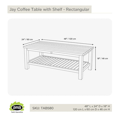 Teak Coffee Table with Shelf Jay - Rectangular 48 x 24" (120 x 60 cm)