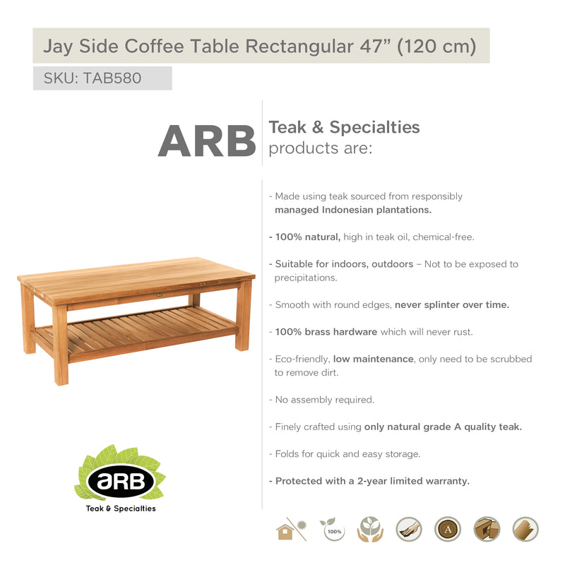 Teak Coffee Table with Shelf Jay - Rectangular 48 x 24" (120 x 60 cm)