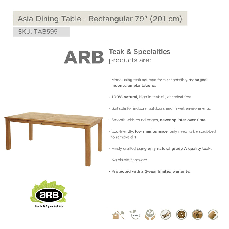 Teak Dining Table Asia - Rectangular 79 x 40" (200 x 100 cm)