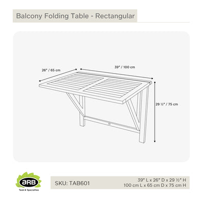 Teak Folding Balcony Table - Rectangular 40" X 26" (100 x 65 cm)