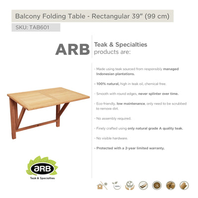 TAB601 - Balcony Teak mesa plegable - Rectangular 39" x 26"