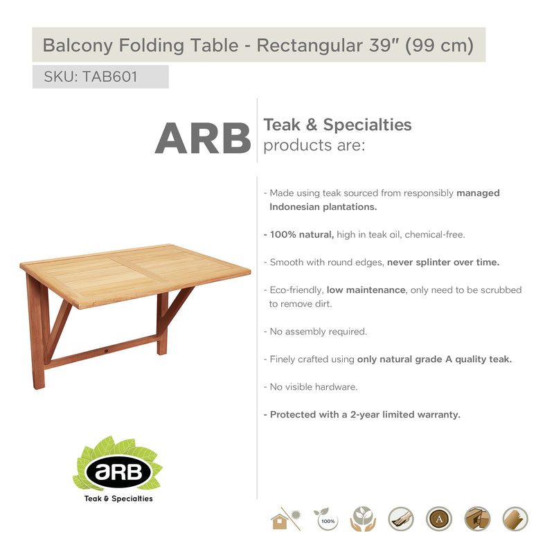 Teak Folding Balcony Table - Rectangular 40" X 26" (100 x 65 cm)