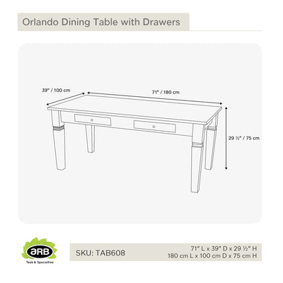 TAB608 - Orlando Teak mesa de comedor con gavetas - Rectangular 71" x 39.5"
