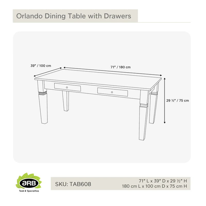 Solid Teak Dining Table Orlando with drawers 71 x 40" (180 x 100 cm)