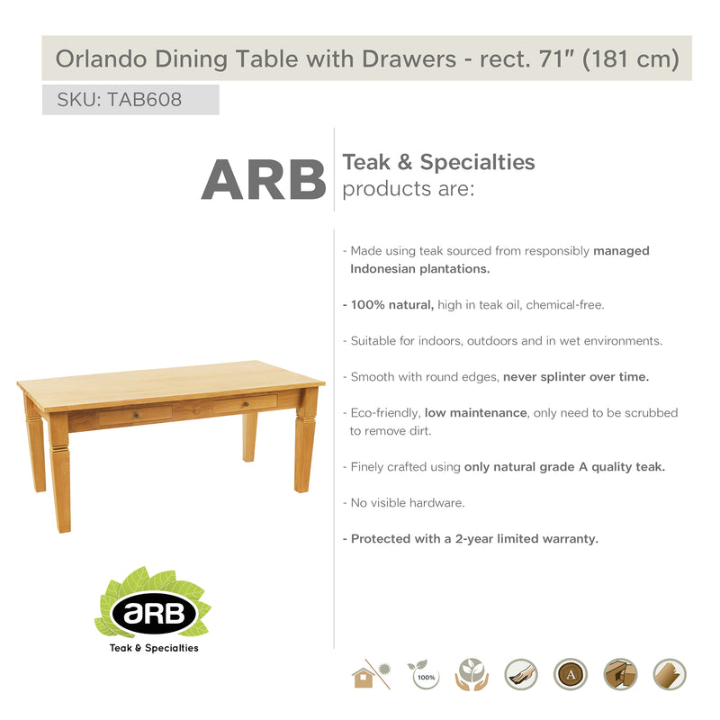 TAB608 - Orlando Teak mesa de comedor con gavetas - Rectangular 71" x 39.5"