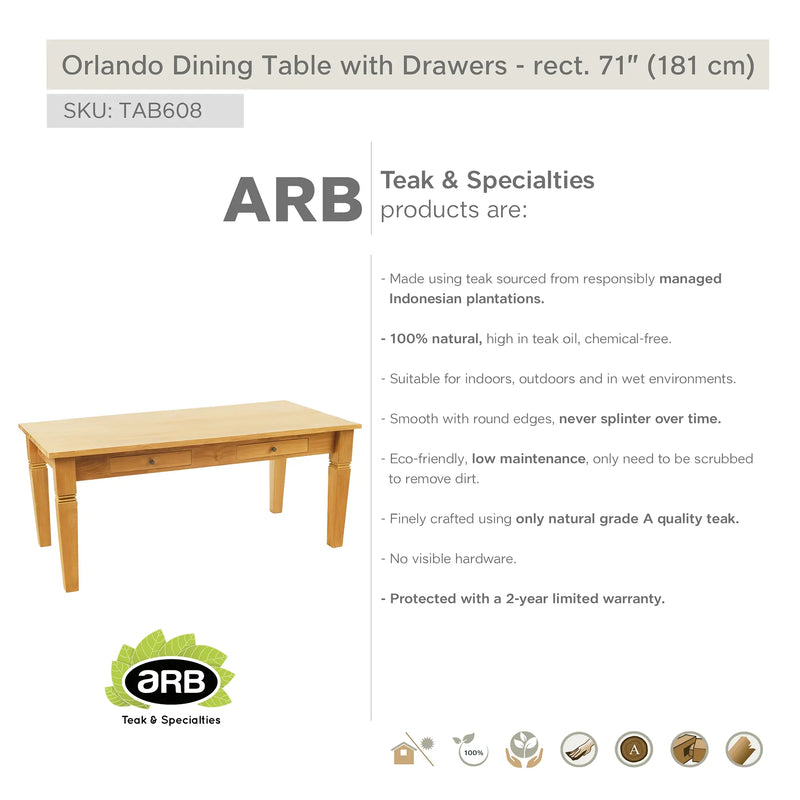 Solid Teak Dining Table Orlando with drawers 71 x 40" (180 x 100 cm)