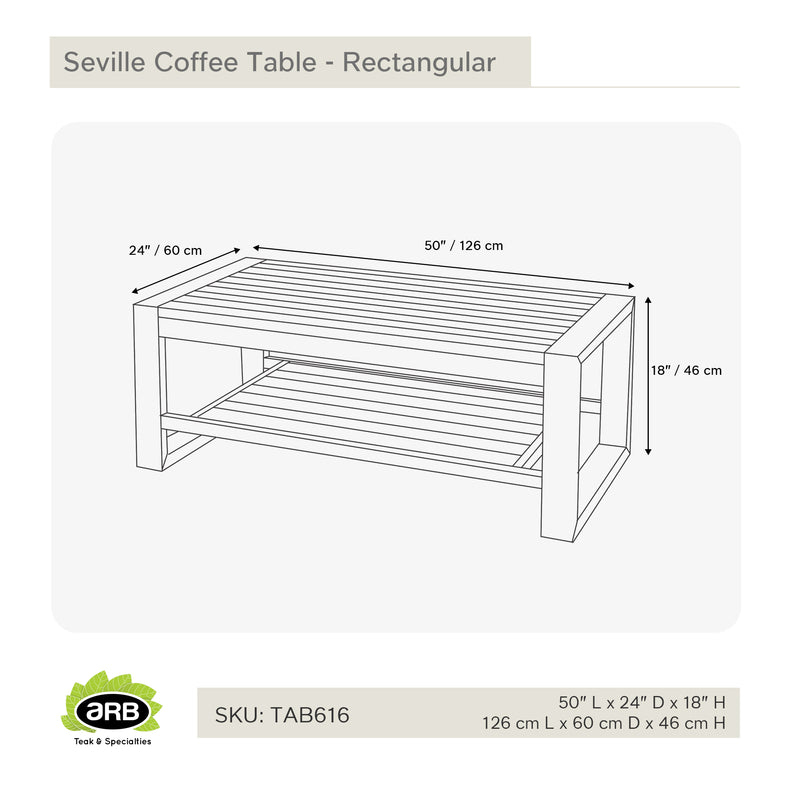 Teak Coffee Table Seville - Rectangular 50 X 24" (126 x 60cm)