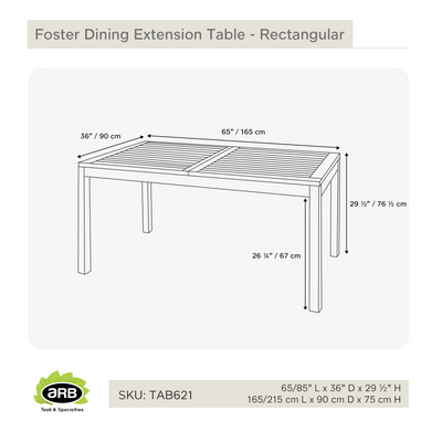 Teak Dining Extension Table Foster - Rectangular 65/85 x 36" (165/215 x 90 cm)